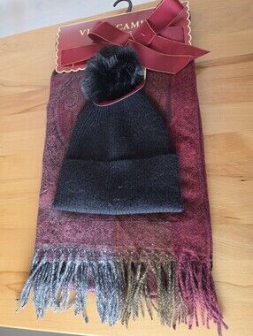 Vince Camuto Scarf Beanie Set NWT Burgundy Black Pom Gift Apres-Ski Cozy